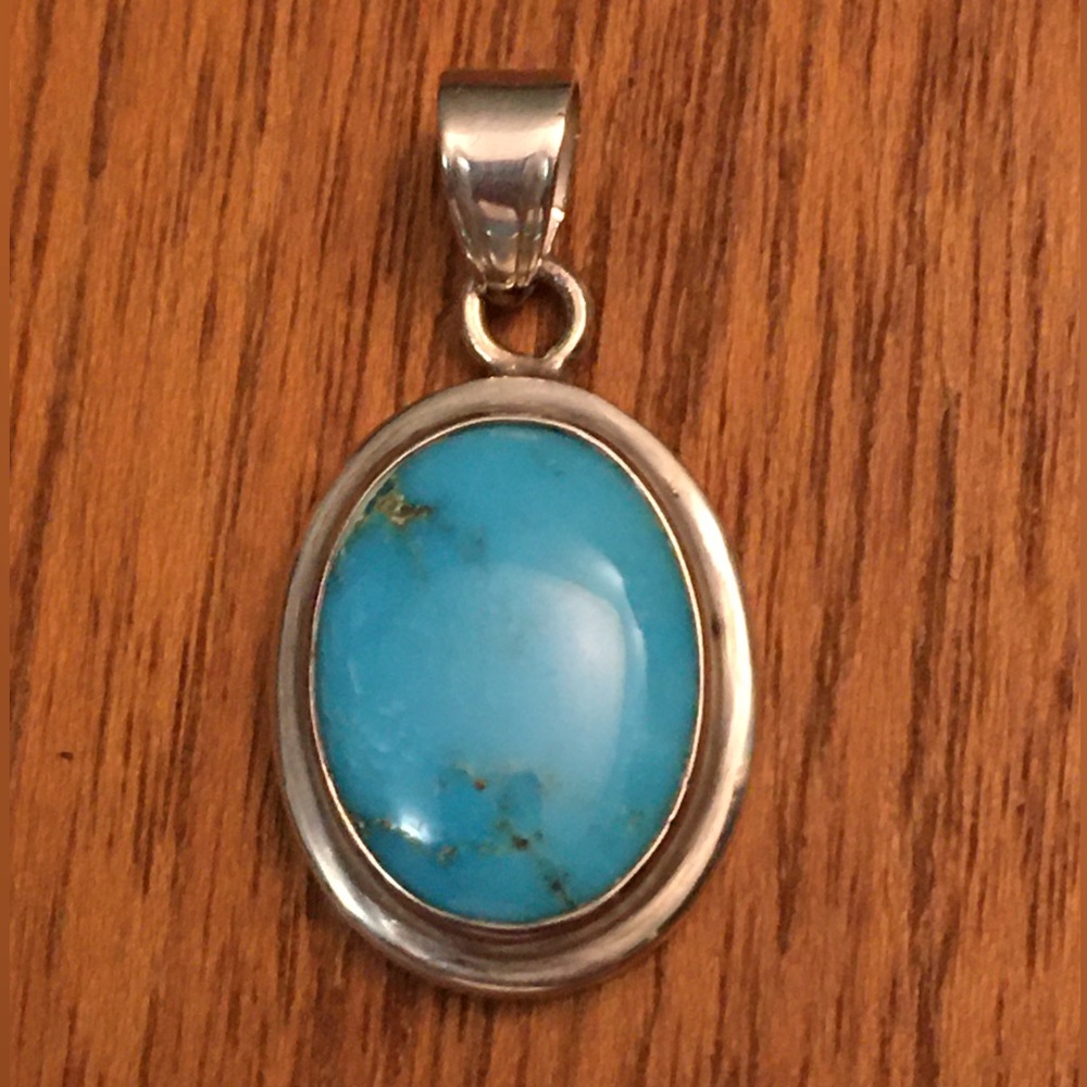 NOS Vtg Oval AZ Turquoise Pendant Set in Sterling Silver. NEVER Worn.